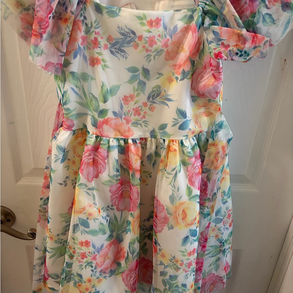 Rare Editions White Floral Off-Shoulder Party Dress with Pink & Yellow Flowers